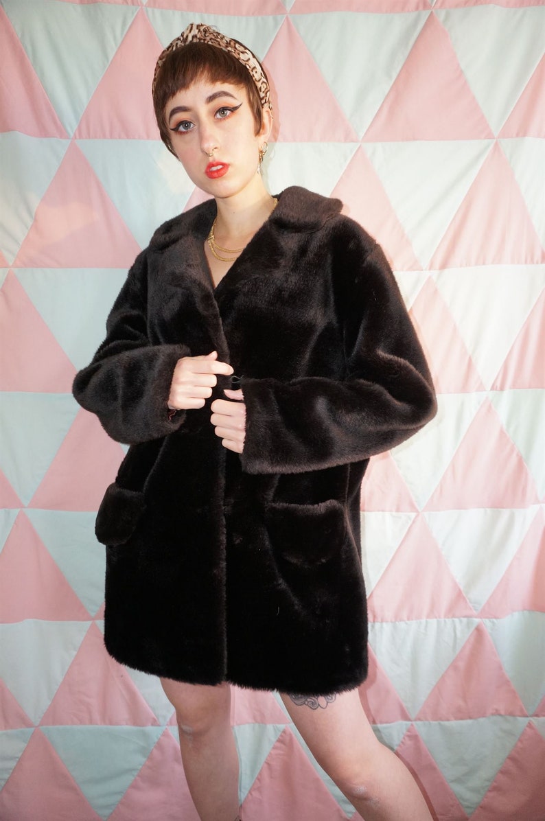Vintage 80s Soft Dark Brown Faux Fur Coat