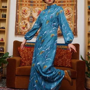 Vintage 70s Hand Made Maxi Dress in Turquoise Abstract image 2