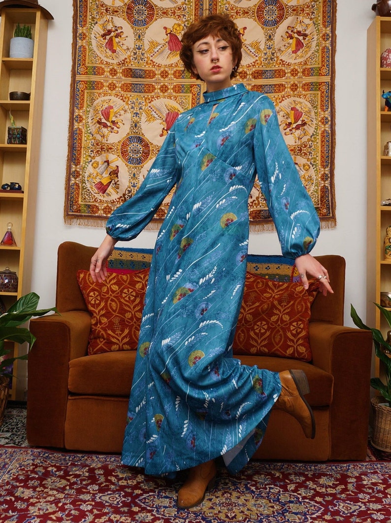 Vintage 70s Hand Made Maxi Dress in Turquoise Abstract image 2