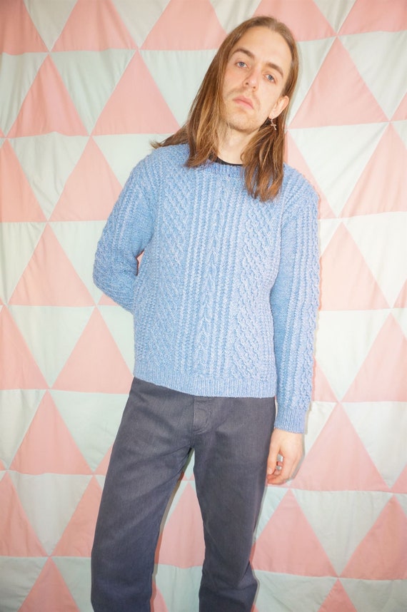 Vintage 80s pastel blue aran cable chunky hand kni