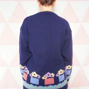 Vintage 90s Navy Blue Flower Pattern Wool Jumper image 5