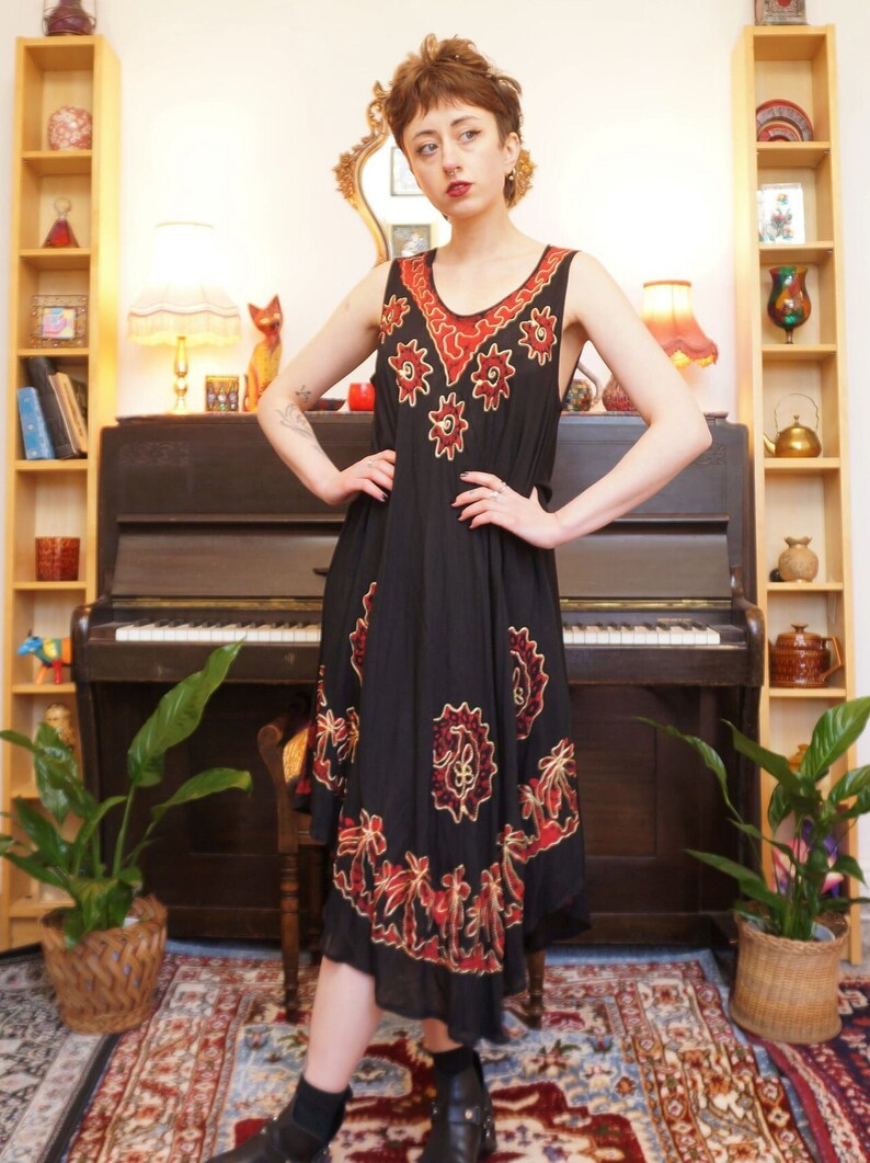 Vintage 90s Paisley Embroidred Hippy Midi Beach Dress image 4