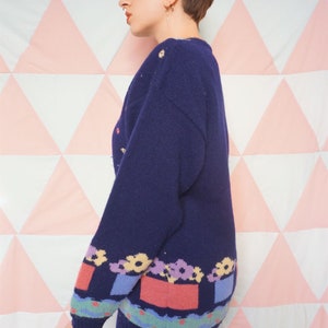 Vintage 90s Navy Blue Flower Pattern Wool Jumper image 4