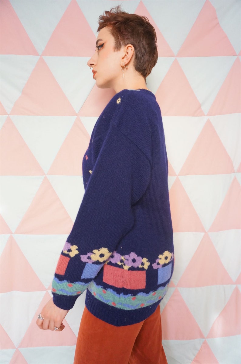 Vintage 90s Navy Blue Flower Pattern Wool Jumper image 4