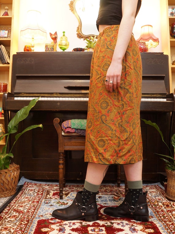 Vintage 80s Paisley Pencil Midi Skirt in Orange /… - image 4