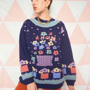 Vintage 90s Navy Blue Flower Pattern Wool Jumper image 3