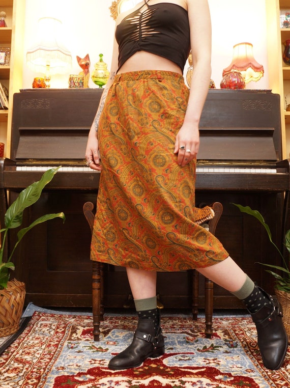 Vintage 80s Paisley Pencil Midi Skirt in Orange /… - image 2