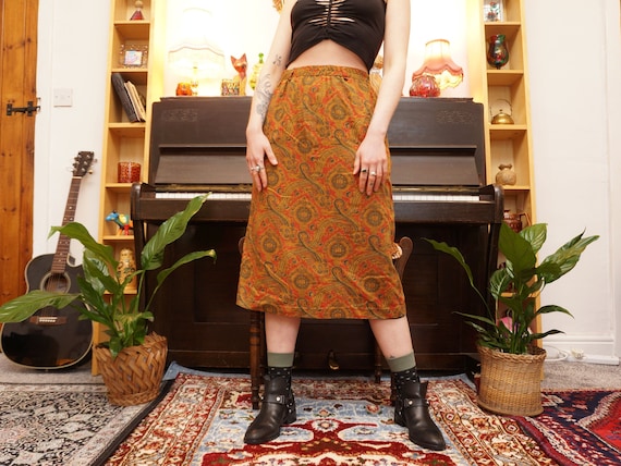 Vintage 80s Paisley Pencil Midi Skirt in Orange /… - image 1