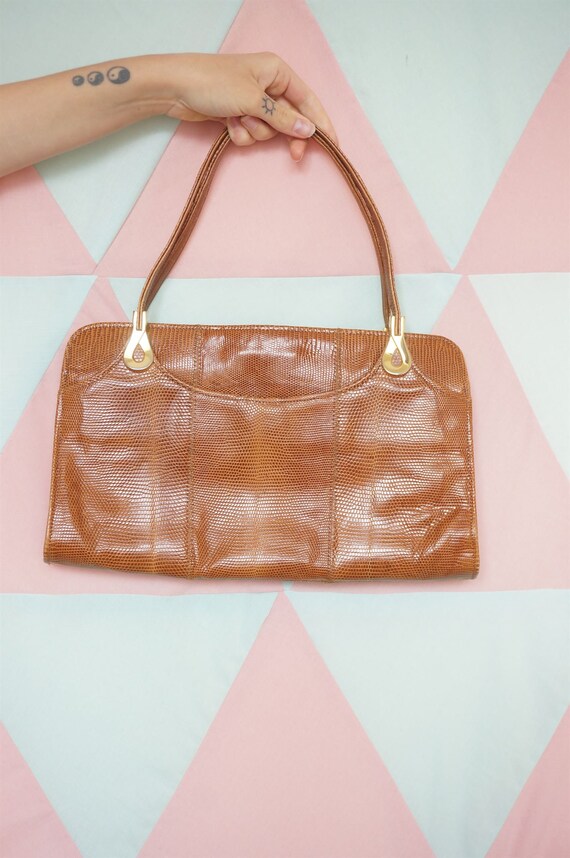 Vintage 60s Tan Brown Real Lizard Leather Hand Bag - image 3