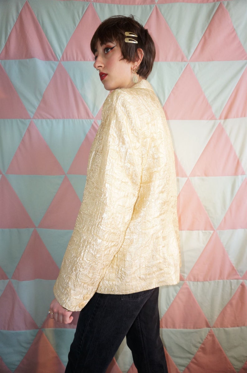 Vintage 90s Metallic Pale Gold Swirl Pattern Blazer Jacket
