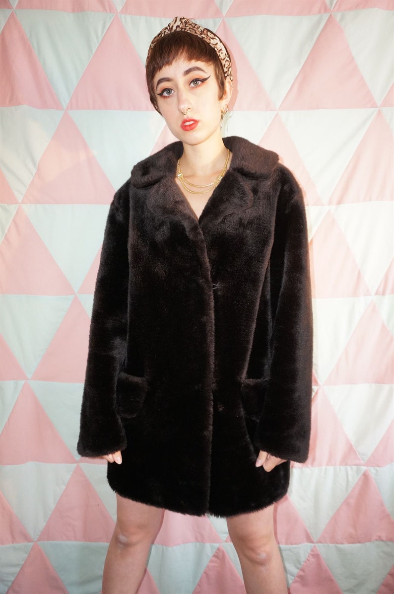 Vintage 80s Soft Dark Brown Faux Fur Coat