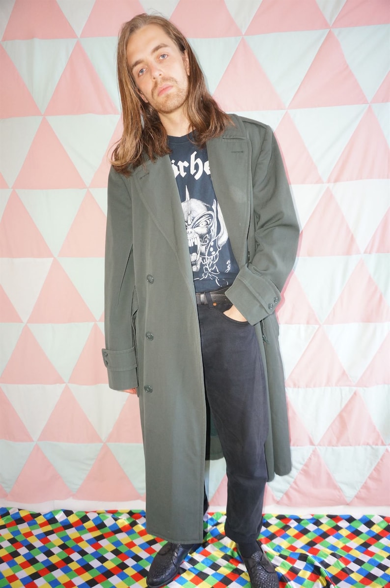 Vintage 60/'s Khaki Green Detatchable Wool Lined Trench Coat