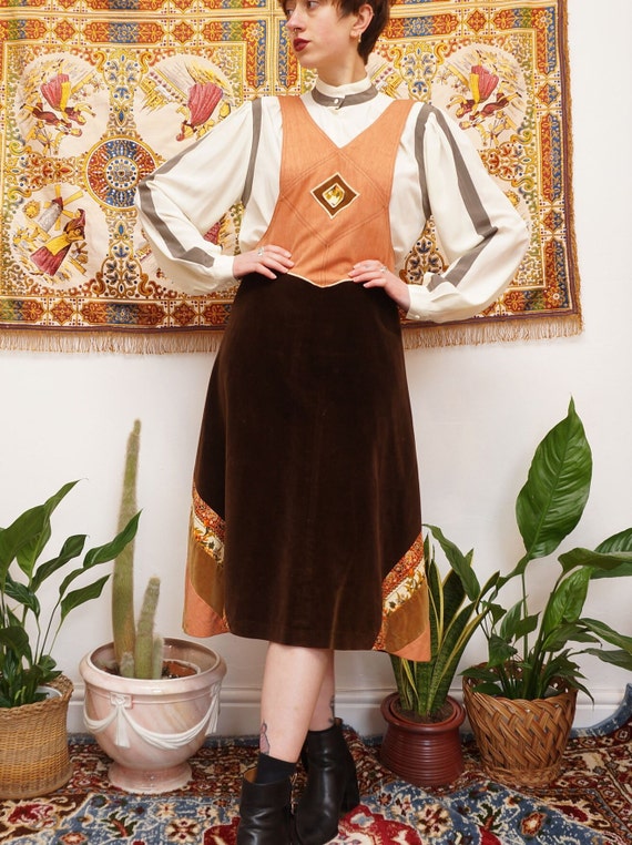 Vintage 70s Velvet and Denim Pinafore Dress Brown… - image 3
