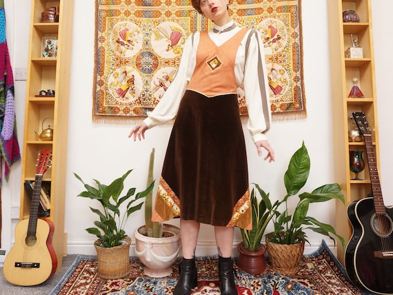 Vintage 70s Velvet and Denim Pinafore Dress Brown… - image 1