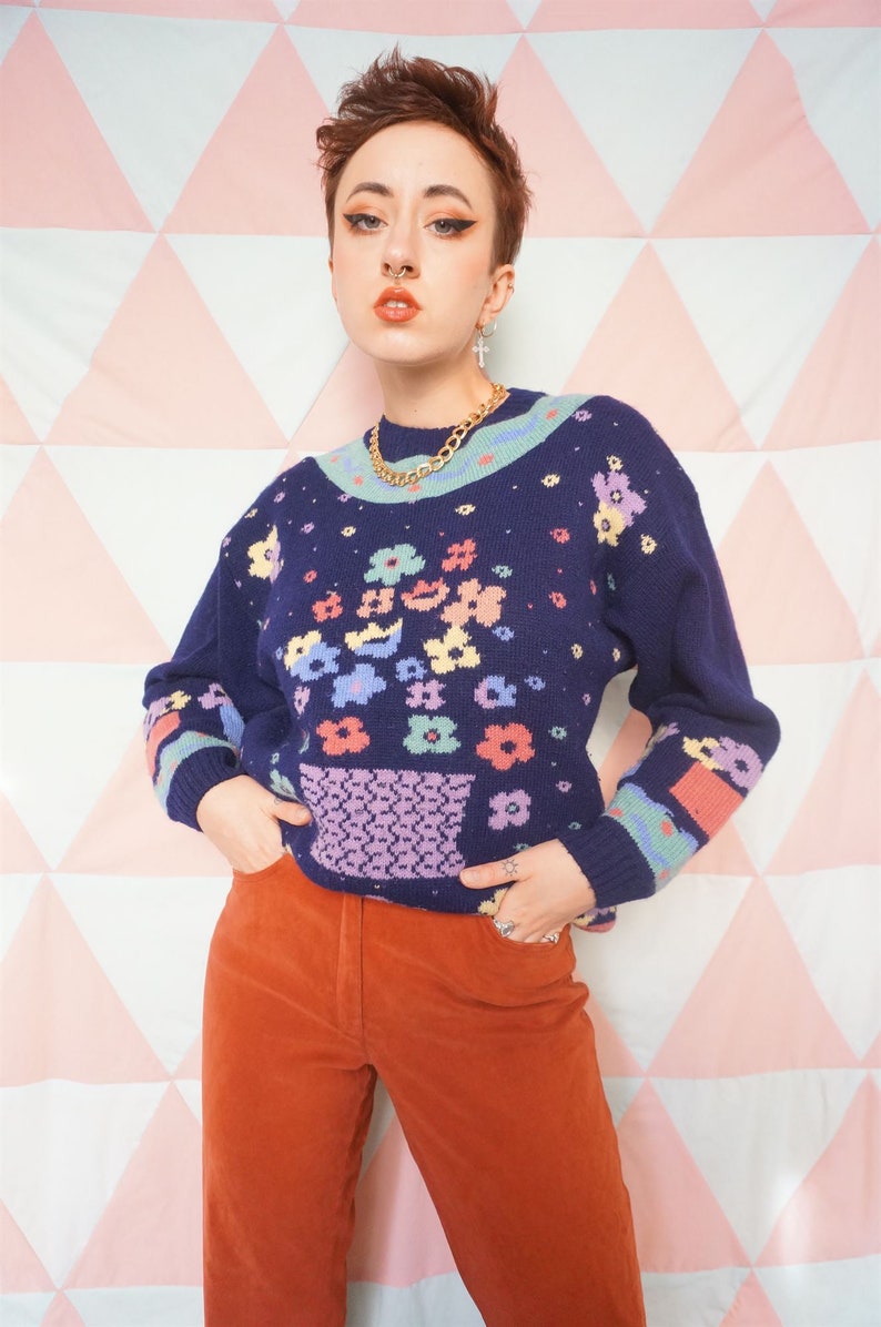 Vintage 90s Navy Blue Flower Pattern Wool Jumper image 2