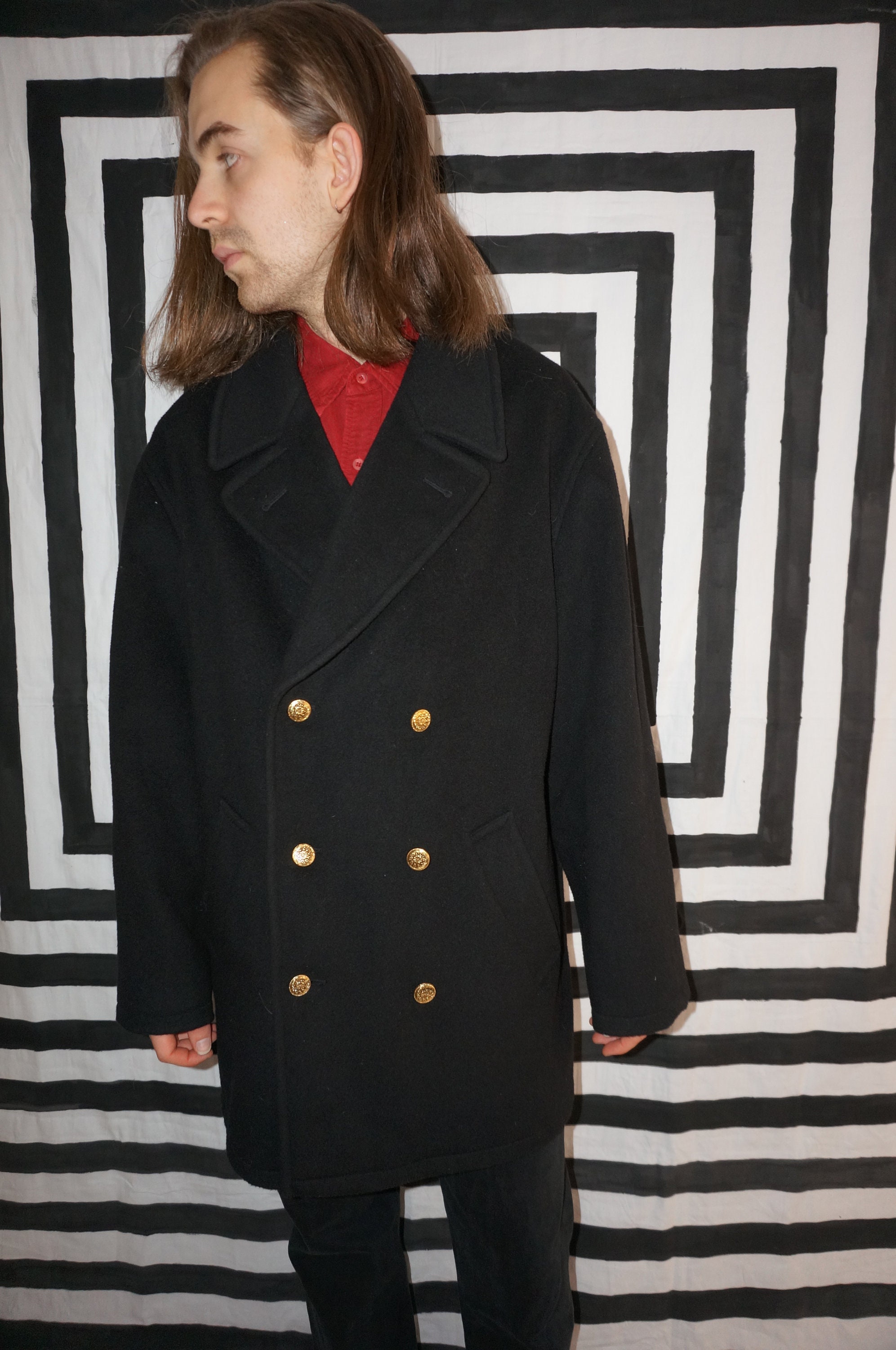 Image of Vintage 60S Lined Long Black Wool Coat With Gold Buttons
