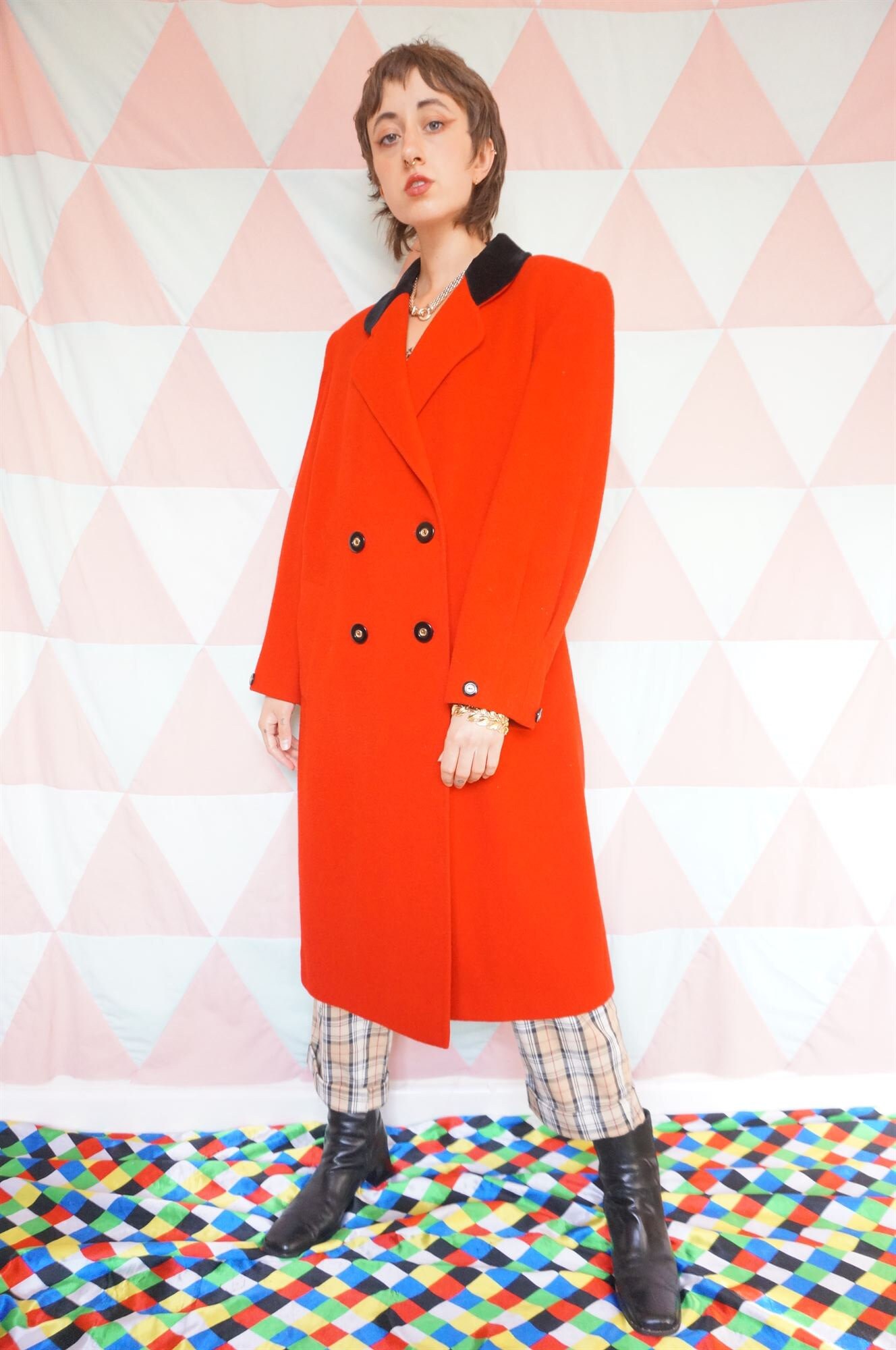Image of Vintage S Windsmoor Long Red & Black Wool Coat
