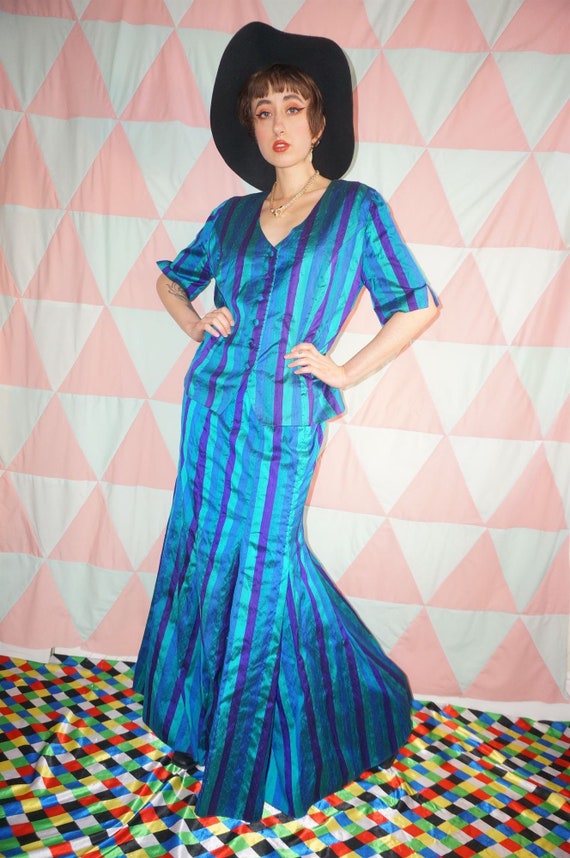 Vintage 70s Blue Satin Stripe Skirt / Top Co-Ord