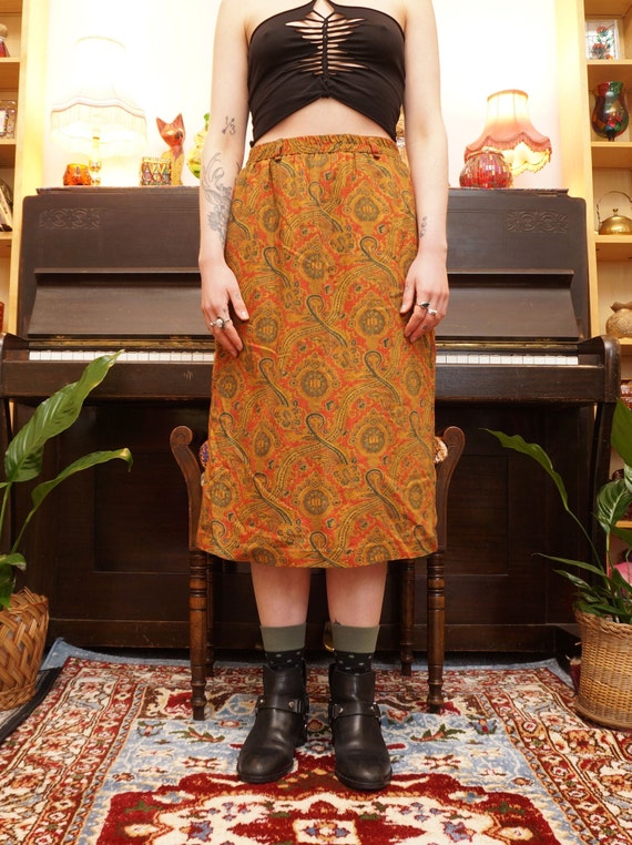 Vintage 80s Paisley Pencil Midi Skirt in Orange /… - image 3