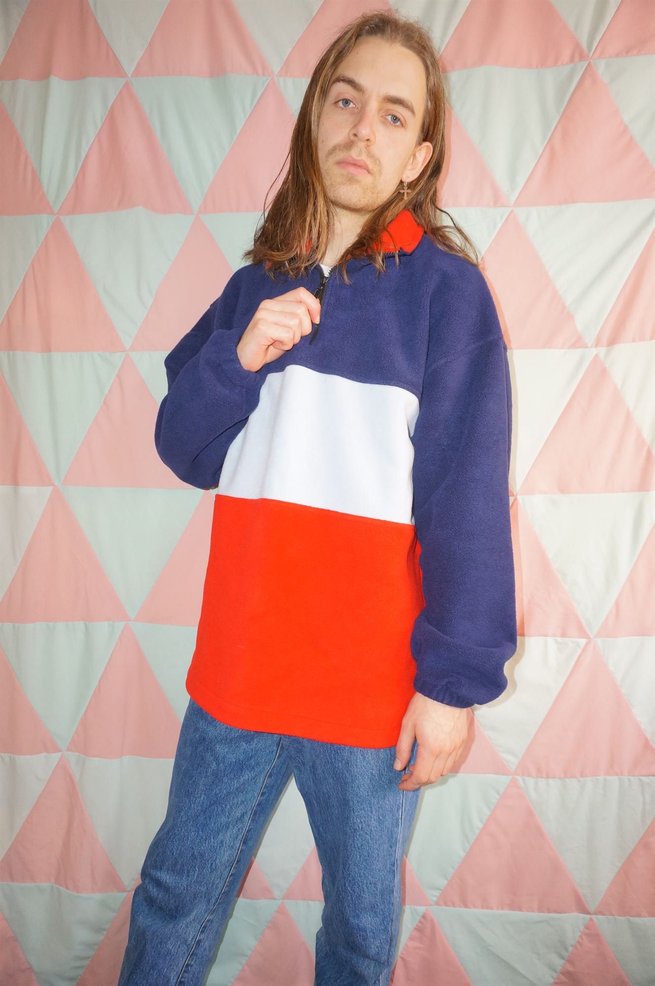 Image of Vintage 80S Red/Blue Striped Fleece 1/4 Zip Jumper