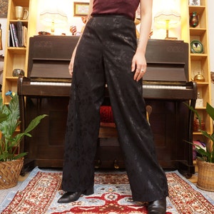 Vintage 90s Floral Satin Wide Leg Trousers in Black