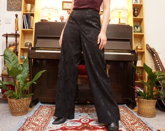 Vintage 90s Floral Satin Wide Leg Trousers in Black