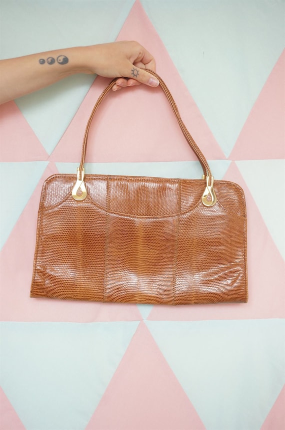 Vintage 60s Tan Brown Real Lizard Leather Hand Bag - image 2