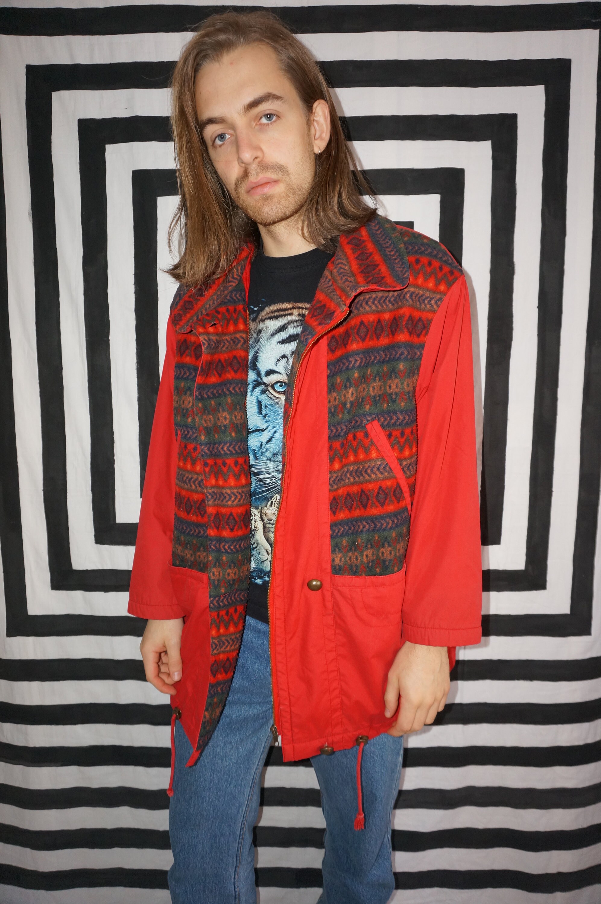 Image of Vintage 80's Red Light Jacket With Aztec Pattern Fleece Trim