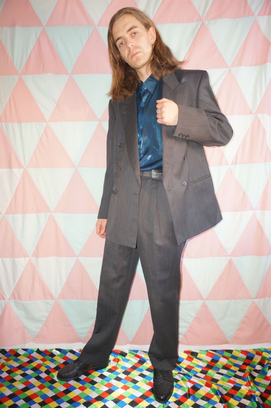 スーツ 90s 00s vintage wool double set up grey Vintage Dark Grey Suit, Double Breasted Jacket and Pants