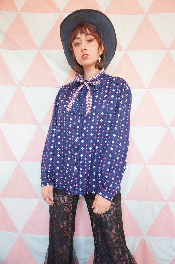 Vintage 80/'s Patterned Blue Blouse