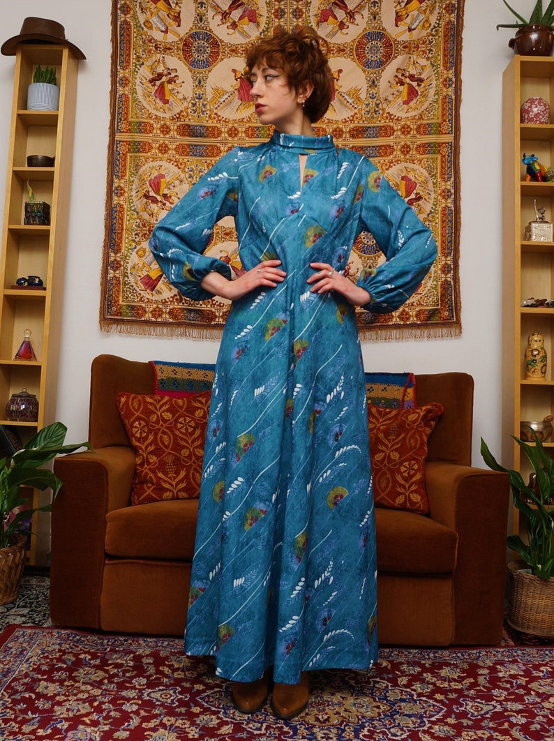 Vintage 70s Hand Made Maxi Dress in Turquoise Abstract image 3