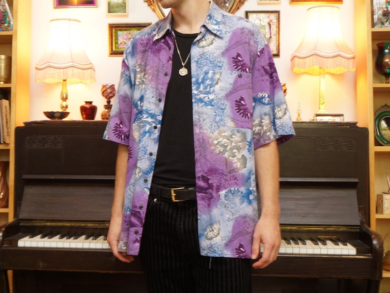 Vintage 90s Abstract Beach Patterned Shirt in Purple & Blue image 1