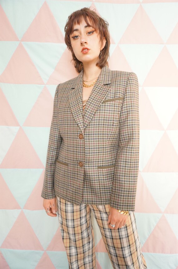 Vintage 80s Tweed Houndstooth Pure New Wool Blazer