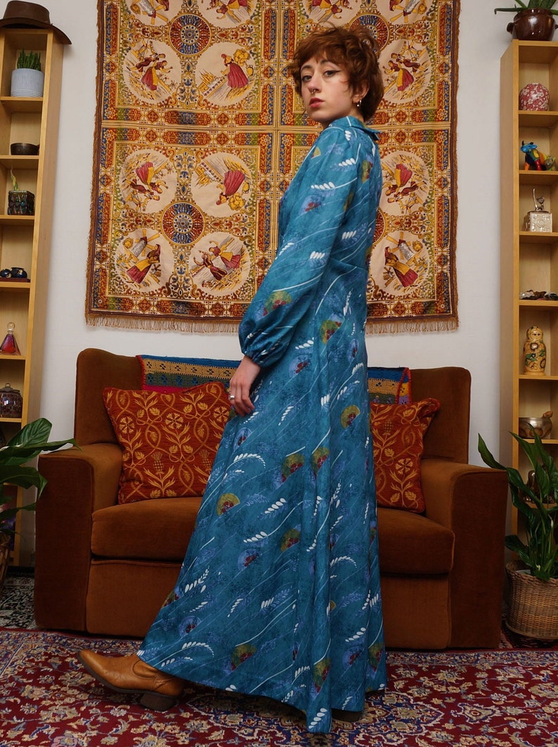 Vintage 70s Hand Made Maxi Dress in Turquoise Abstract image 4