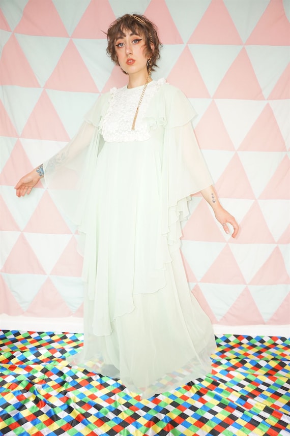 Vintage 60s Pastel Green Boho Floaty Maxi Prairie