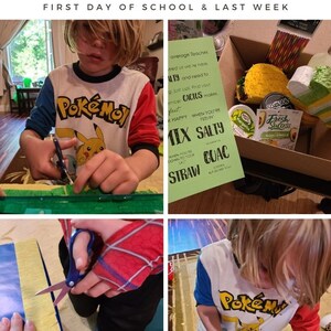 May include: A child is making a gift basket for a teacher. The basket is filled with snacks and drinks. The child is using scissors to cut the paper for the basket. The paper is yellow, green, and blue. The child is wearing a red and blue shirt with a Pokemon logo. The basket is labeled "Nacho Gift Basket" and "Teacher Appreciation Ideas".