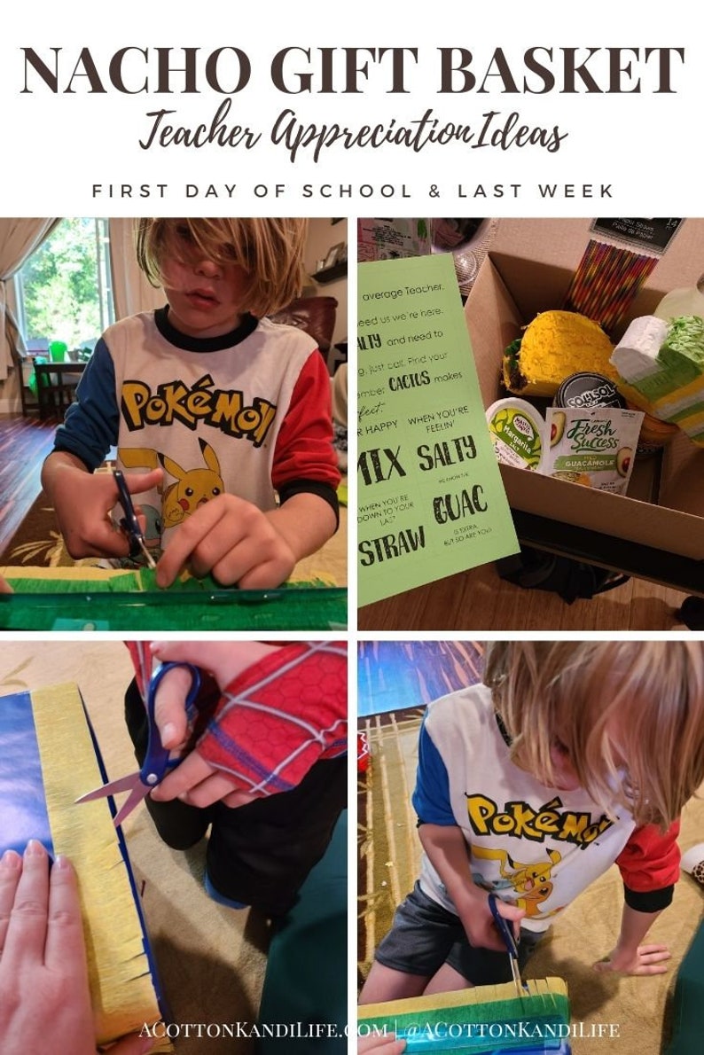 May include: A child is making a gift basket for a teacher. The basket is filled with snacks and drinks. The child is using scissors to cut the paper for the basket. The paper is yellow, green, and blue. The child is wearing a red and blue shirt with a Pokemon logo. The basket is labeled "Nacho Gift Basket" and "Teacher Appreciation Ideas".