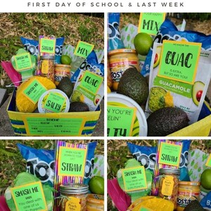 May include: A yellow basket filled with various items for a teacher appreciation gift basket. The items include a bag of tortilla chips, a jar of salsa, a jar of guacamole, limes, avocados, and a bag of nacho cheese. The basket is decorated with small signs that say "Smash Me", "When You're Feelin' Salty", "Your Happy Mix", "We Know The Guac Is Extra, But So Are You!" and "When You're Down To Your Last Straw".