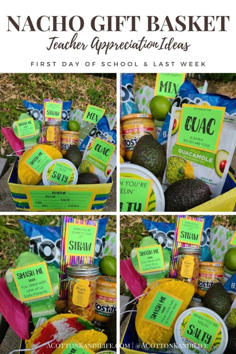May include: A yellow basket filled with various items for a teacher appreciation gift basket. The items include a bag of tortilla chips, a jar of salsa, a jar of guacamole, limes, avocados, and a bag of nacho cheese. The basket is decorated with small signs that say "Smash Me", "When You're Feelin' Salty", "Your Happy Mix", "We Know The Guac Is Extra, But So Are You!" and "When You're Down To Your Last Straw".