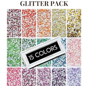 May include: A sensory bin glitter pack with 15 colors. The image displays a grid of glitter in various colors, including red, orange, yellow, green, blue, pink, and purple. The text "SENSORY BIN GLITTER PACK" is at the top.