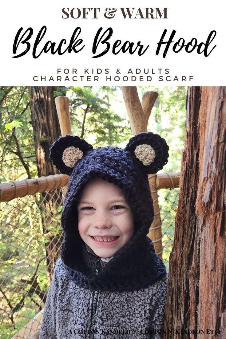 Crochet Bear Hood BLACK BEAR Toddler Bear Costume, Cute Halloween Costume, Crochet Hooded Scarf