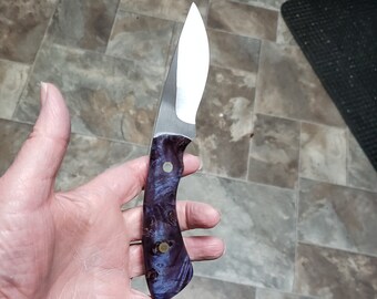 AEB-L Stainless Steel Bird and Trout Knife Stabilized Amazing Purple Maple Burl Handle.