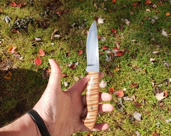 Old Pattern Drop Point Hunting Knife 80CRV2 High Carbon Steel Stabilized Curly Maple Handle.