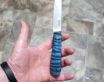 Kitchen Utility Knife AEB-L Stainless Steel Stabilized Blue Curly Maple Handle.