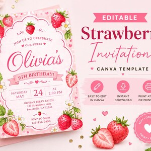 May include: A pink strawberry-themed invitation template with the text "Olivia's 9th Birthday!" and details for the party. The design includes strawberries, flowers, and the words "Editable Strawberry Invitation Canva Template."