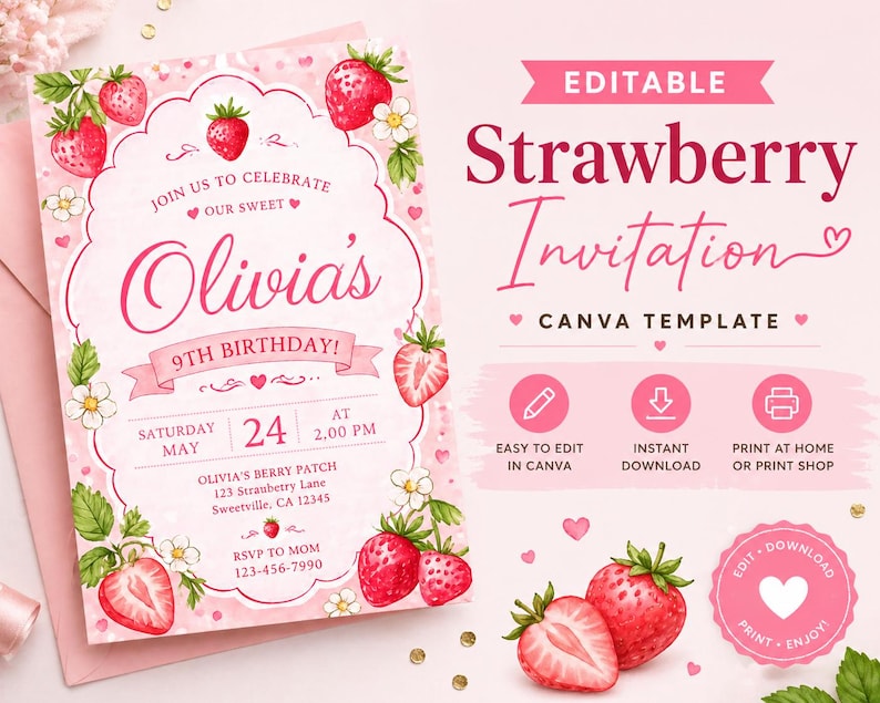 May include: A pink strawberry-themed invitation template with the text "Olivia's 9th Birthday!" and details for the party. The design includes strawberries, flowers, and the words "Editable Strawberry Invitation Canva Template."