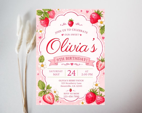 Luxury Strawberry Birthday Invitation Canva Template | Editable 5x7 Berry Theme Party Invite | Custom Kids Birthday Invite Printable
