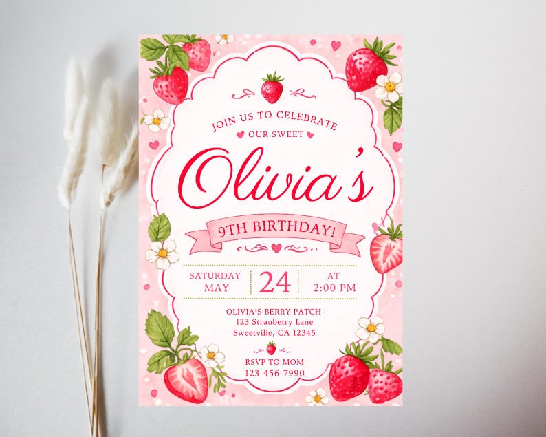 May include: A pink birthday invitation with a strawberry theme. The invitation features the text "Olivia's 9th Birthday!" and includes details such as the date, time, and location. Strawberries and flowers decorate the border.
