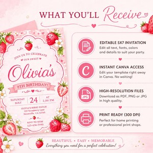 May include: A pink invitation for Olivia's 9th birthday, featuring strawberry illustrations and floral accents. The invitation includes the text "Join us to celebrate our sweet Olivia's 9th Birthday!" and event details.
