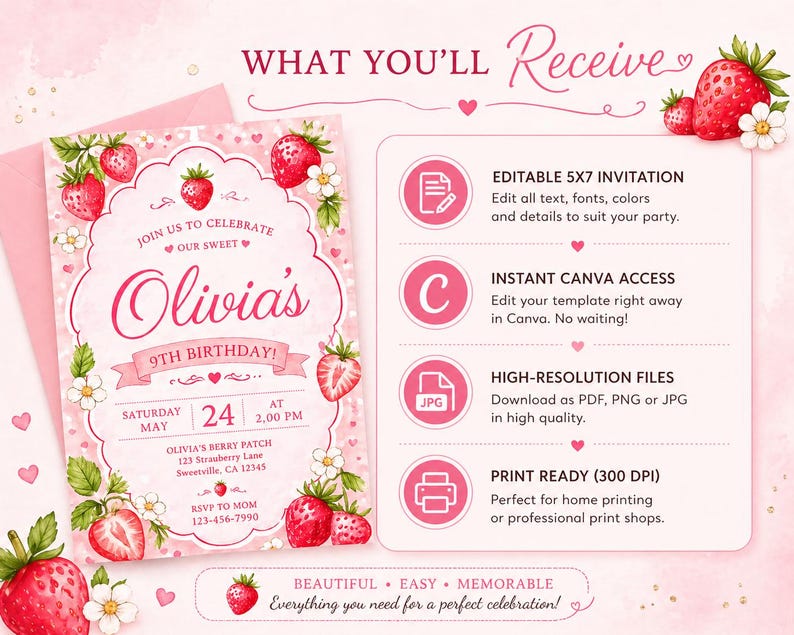 May include: A pink invitation for Olivia's 9th birthday, featuring strawberry illustrations and floral accents. The invitation includes the text "Join us to celebrate our sweet Olivia's 9th Birthday!" and event details.
